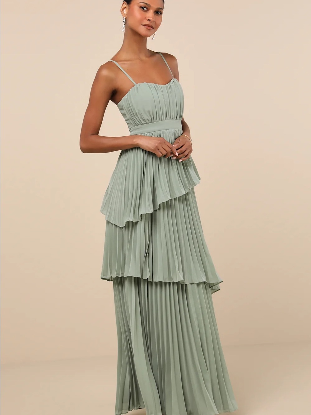 NWT Sz S Lulus Jehona Sage Brush Pleated Tiered Maxi Dress Green - Picture 3 of 9